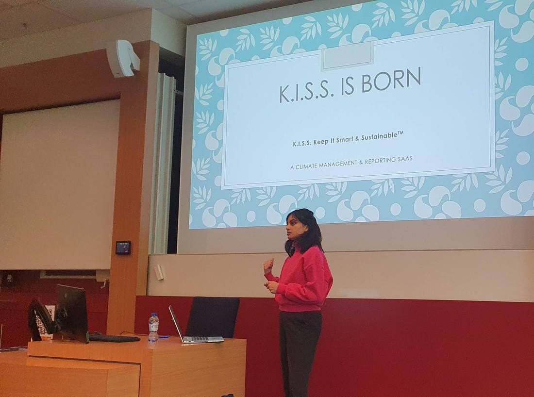 Purvi pitching K.I.S.S. (Keep It Smart & Sustainable), a climate management and reporting SaaS
